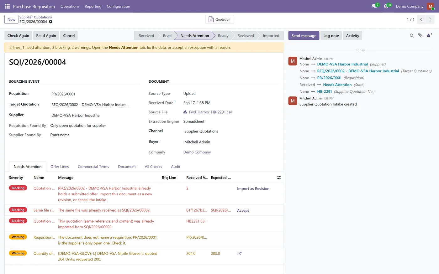 Supplier Quotation Intake for Odoo, duplicate detected