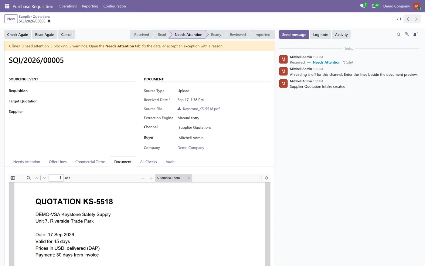 Supplier Quotation Intake for Odoo, pdf beside entry