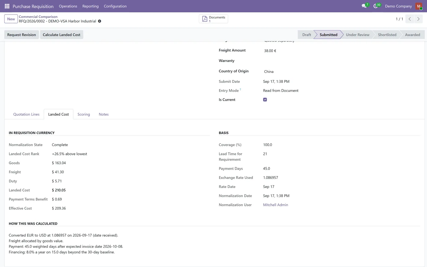 Supplier Quotation Intake for Odoo, landed cost