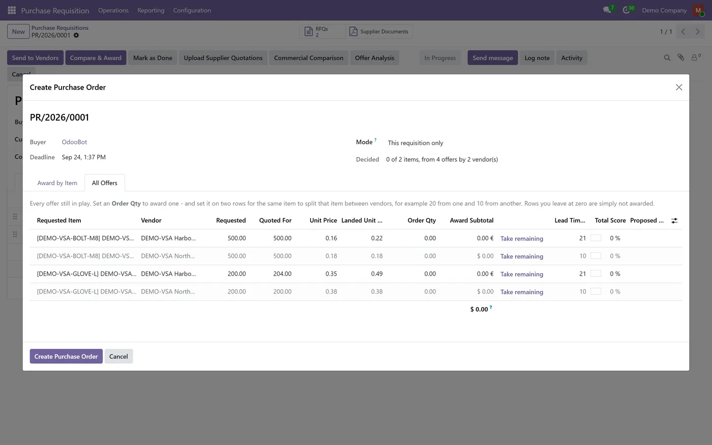 Supplier Quotation Intake for Odoo, award with landed cost