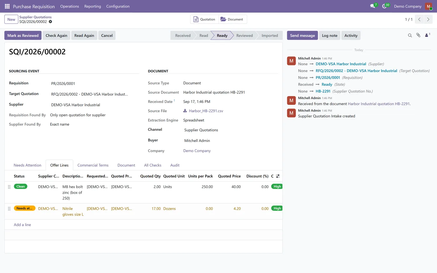 Supplier Quotation AI Reader for Odoo, intake from document