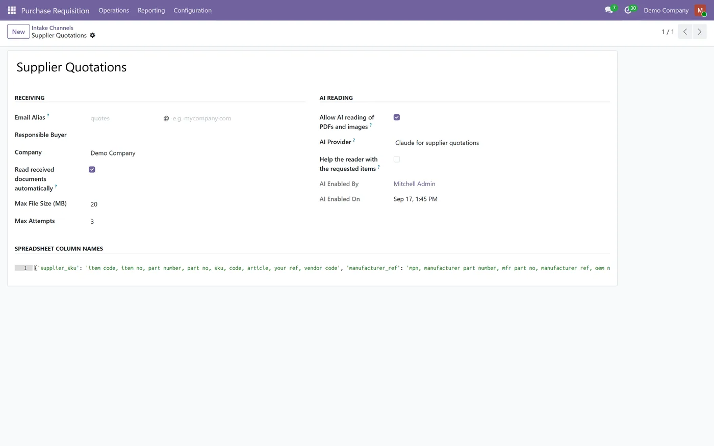 Supplier Quotation AI Reader for Odoo, channel ai provider