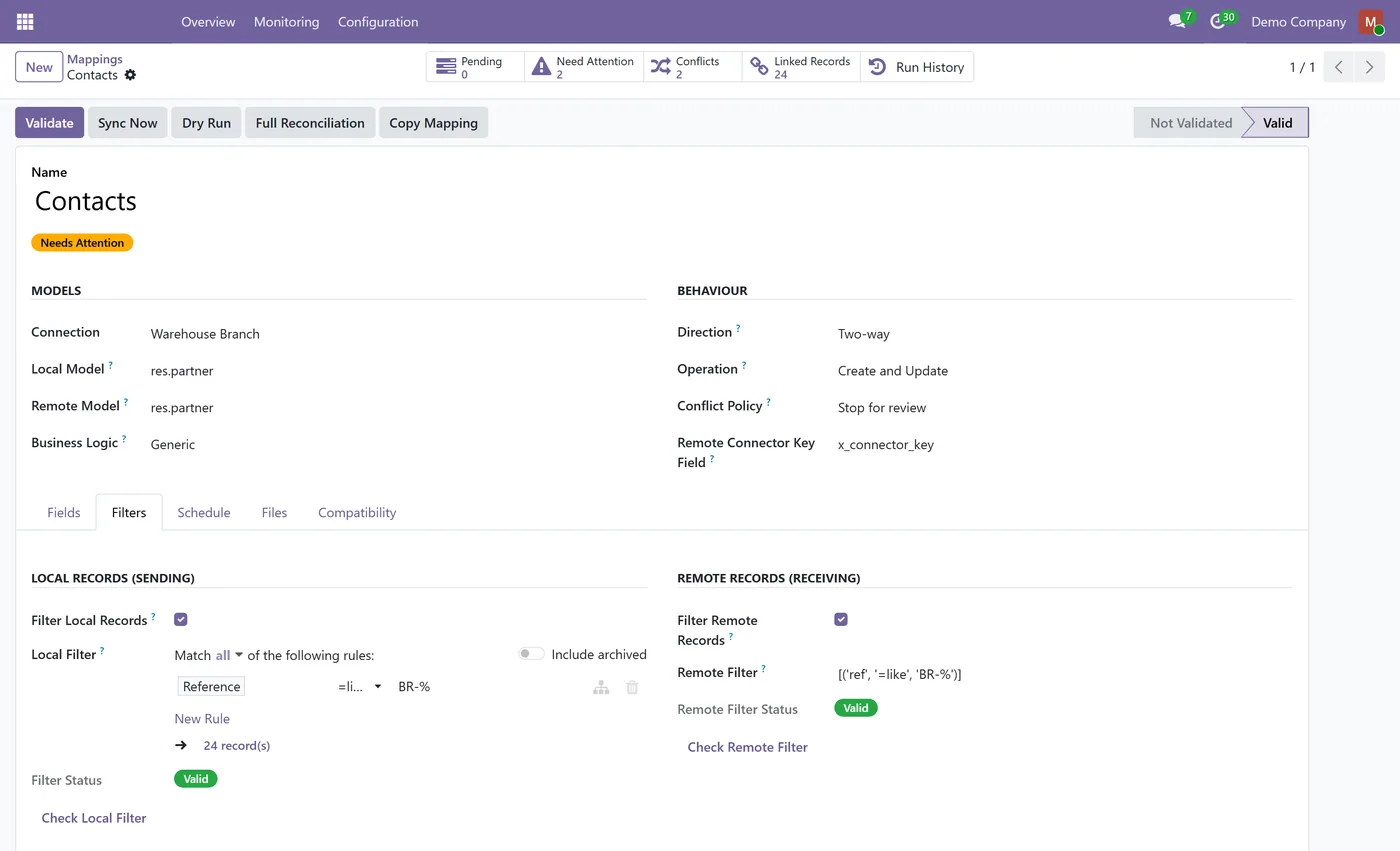 Odoo to Odoo Connector for Odoo, mapping filters