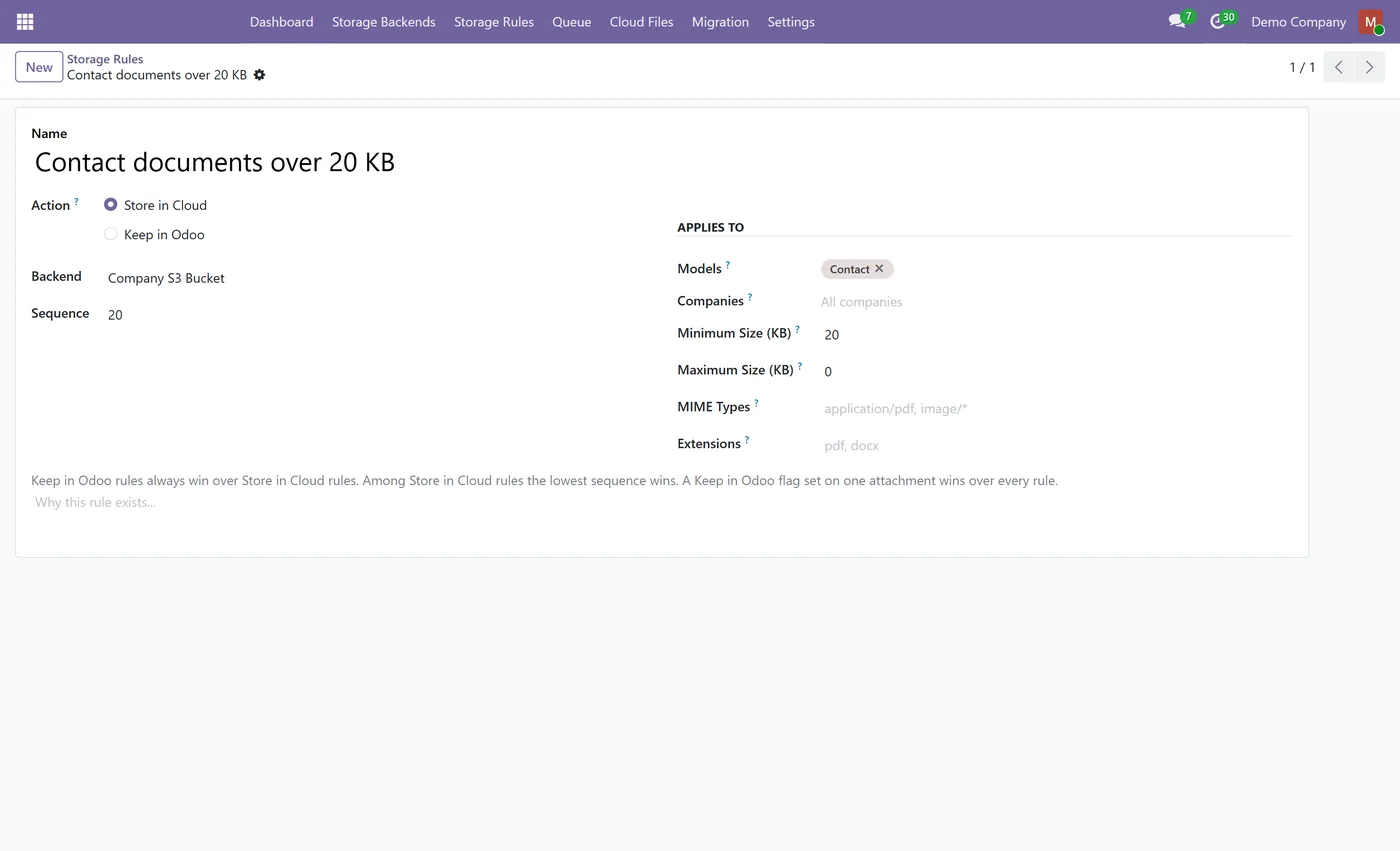Cloud Attachment Storage for Odoo, rule form