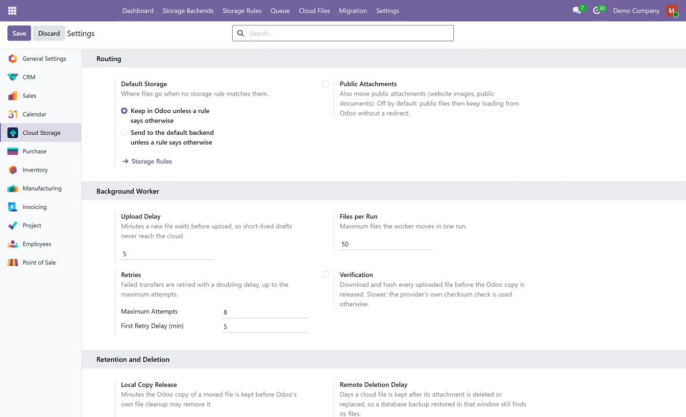 Cloud Attachment Storage for Odoo, settings