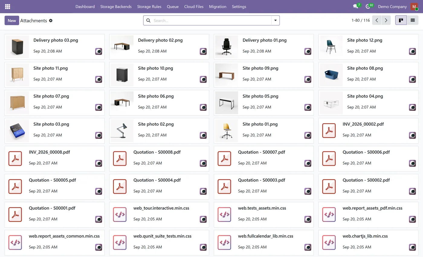 Cloud Attachment Storage for Odoo, attachments list