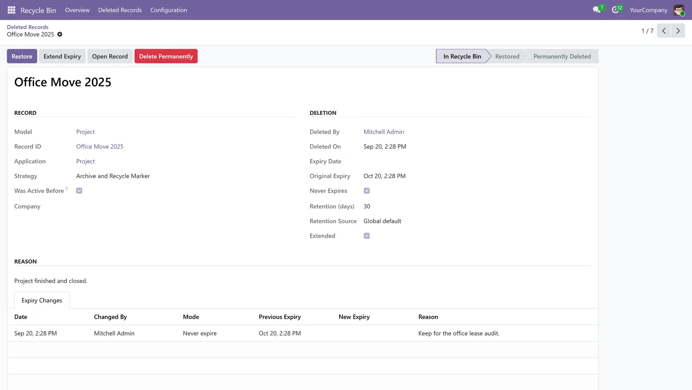 Recycle Bin for Odoo, entry form