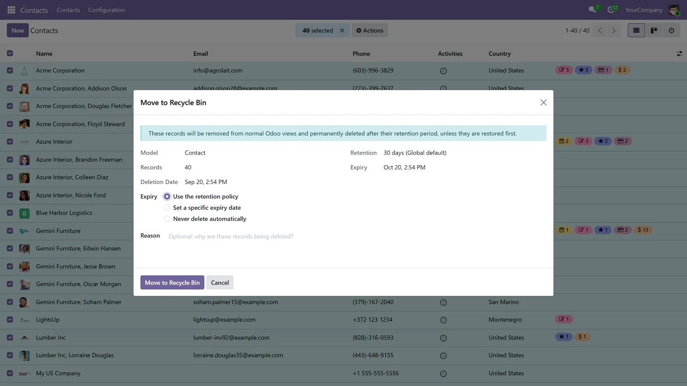 Recycle Bin for Odoo, move wizard