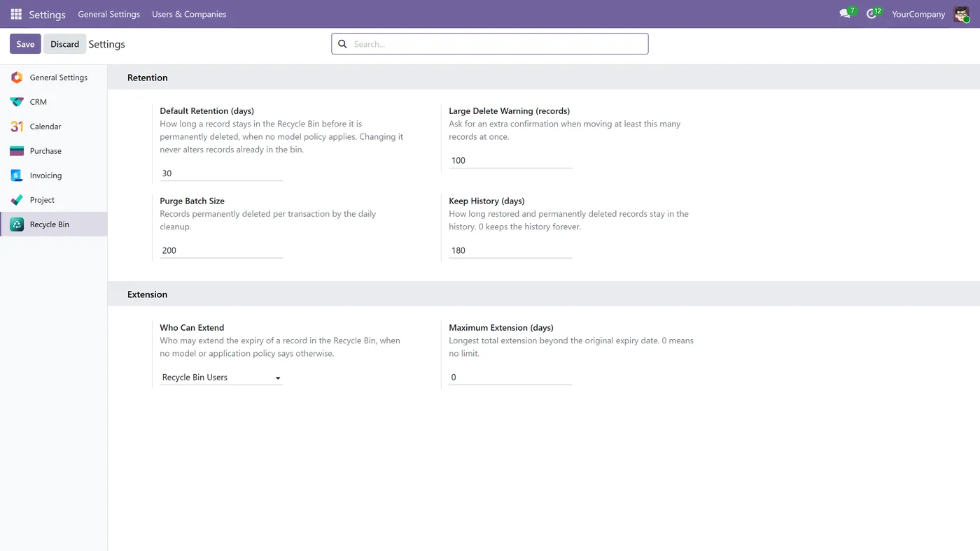Recycle Bin for Odoo, settings