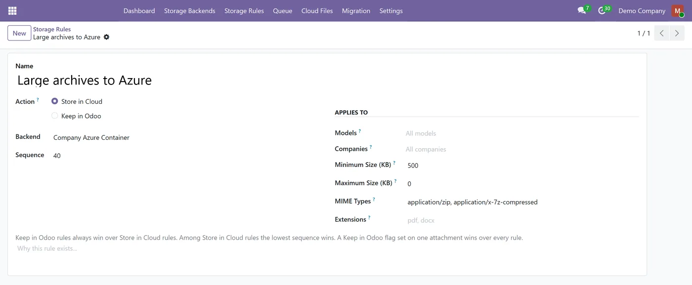 Azure Blob Storage for Attachments for Odoo, rule to azure