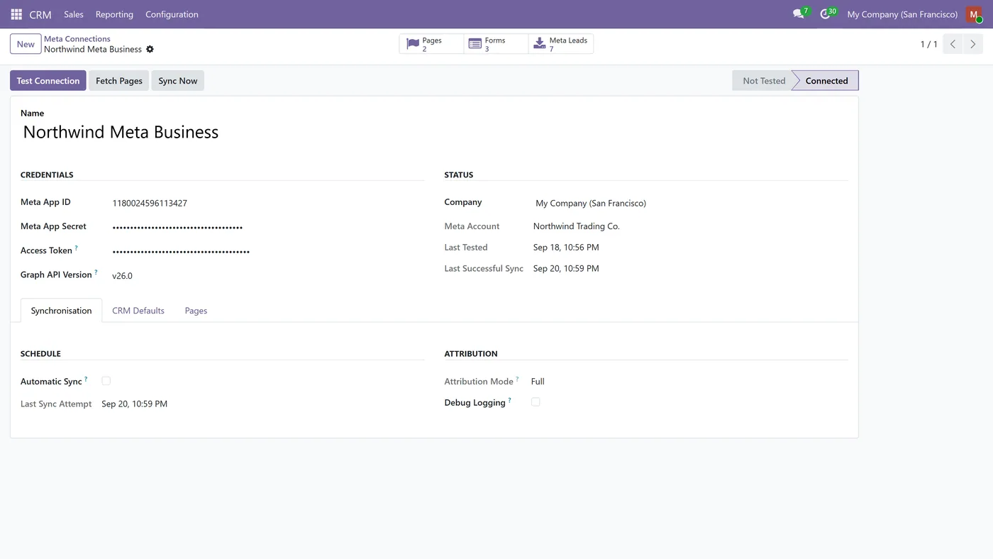 Meta Lead Ads Connector for Odoo, connection