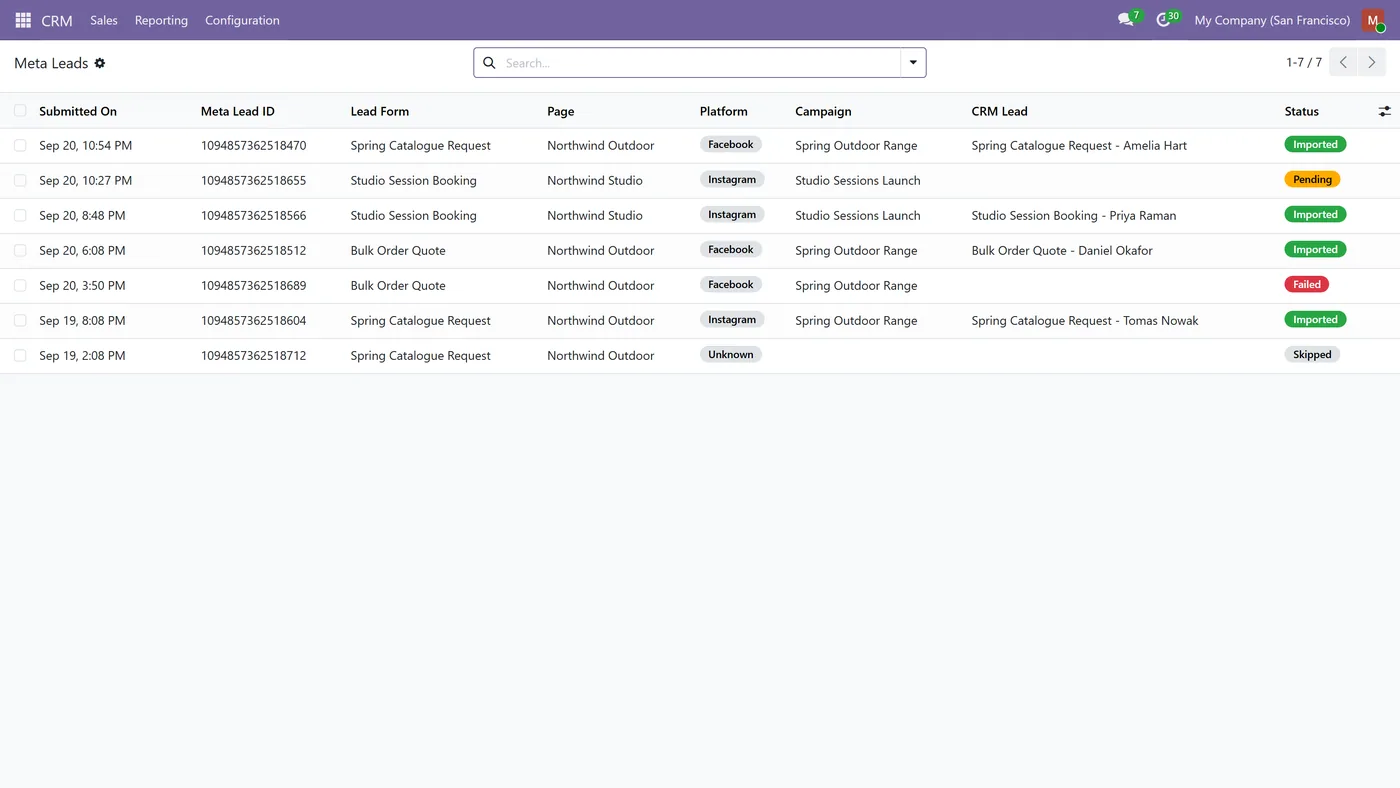 Meta Lead Ads Connector for Odoo, imported leads