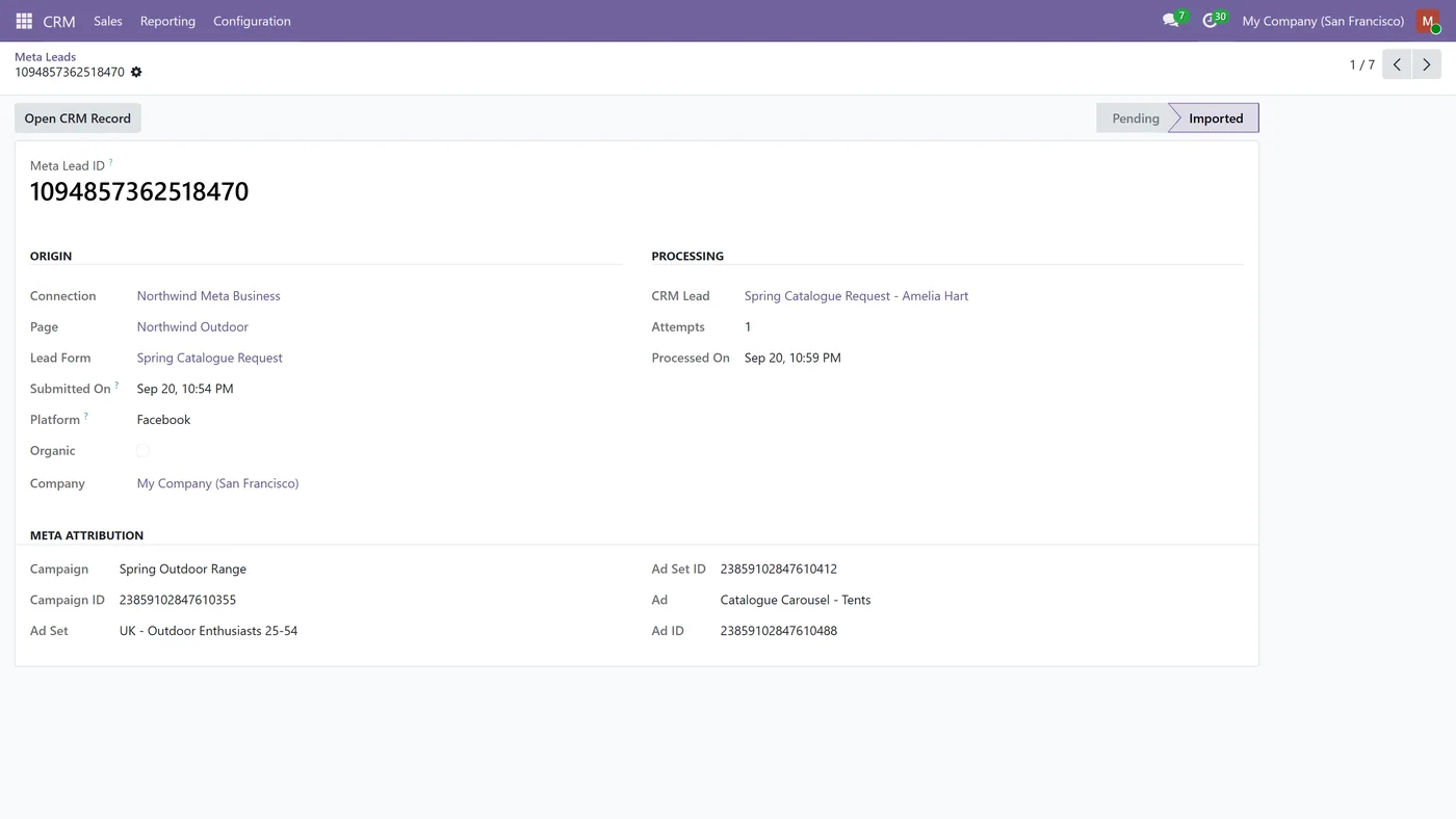 Meta Lead Ads Connector for Odoo, lead attribution