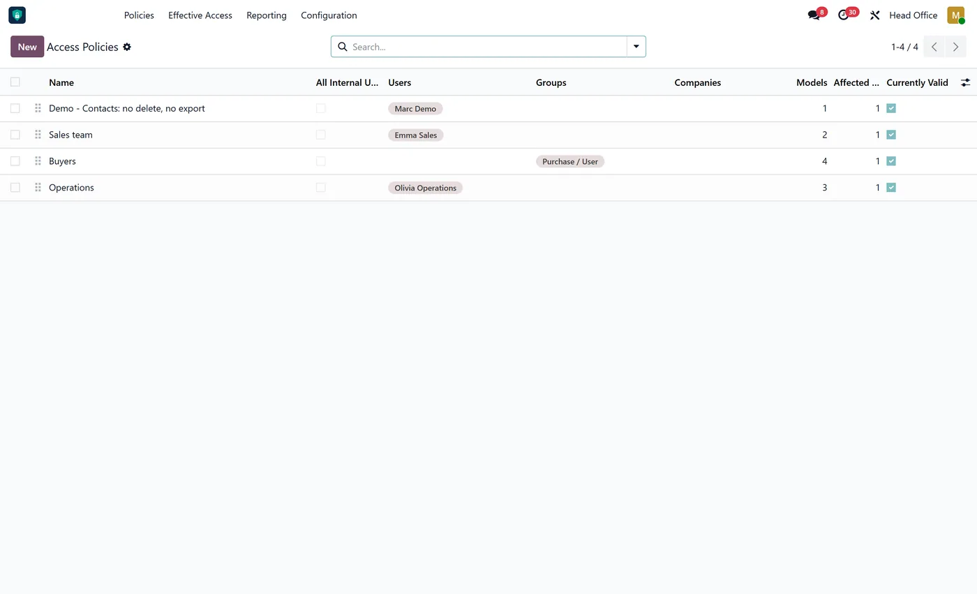 Access Rights Manager Pro for Odoo, policies