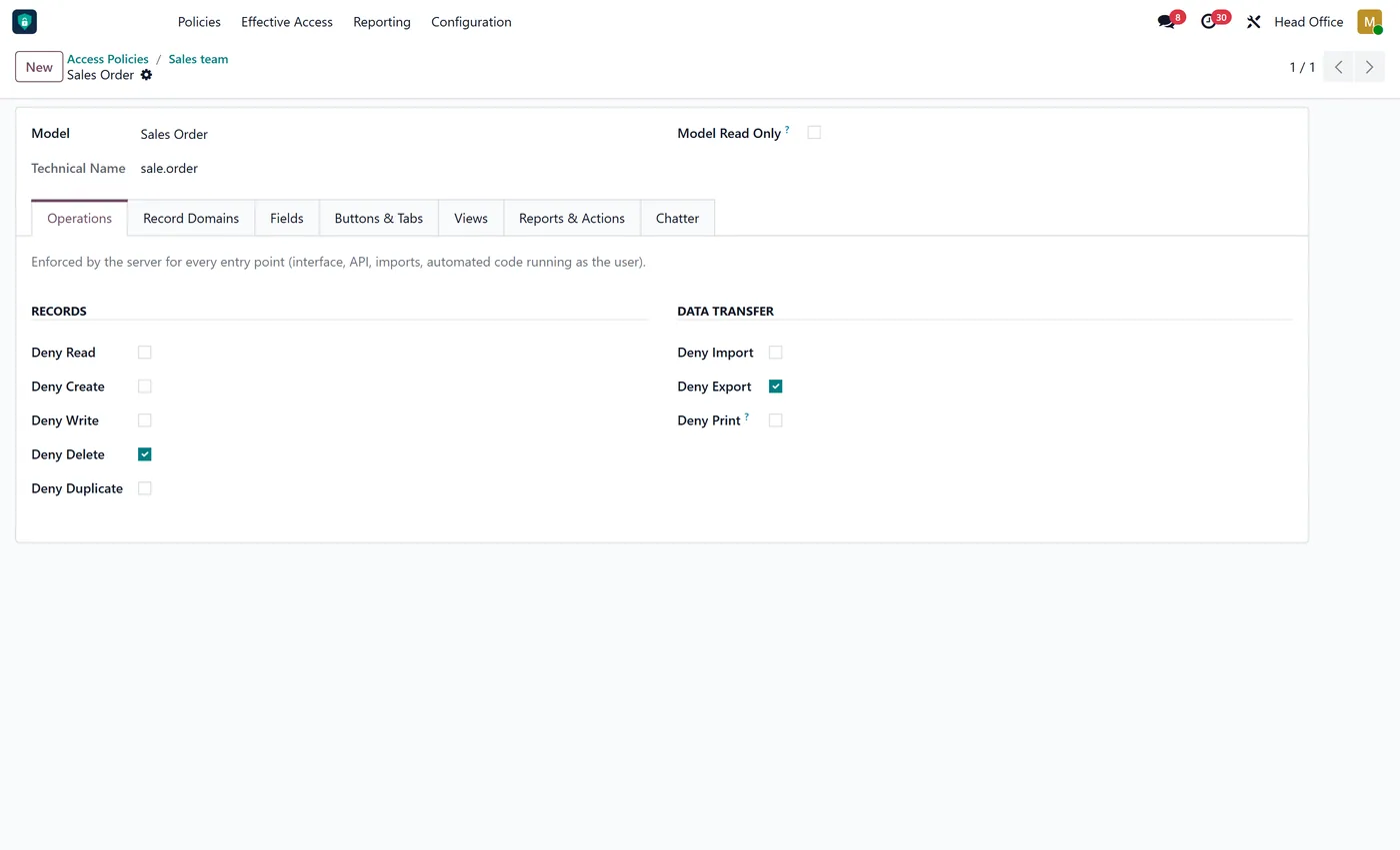 Access Rights Manager Pro for Odoo, model operations
