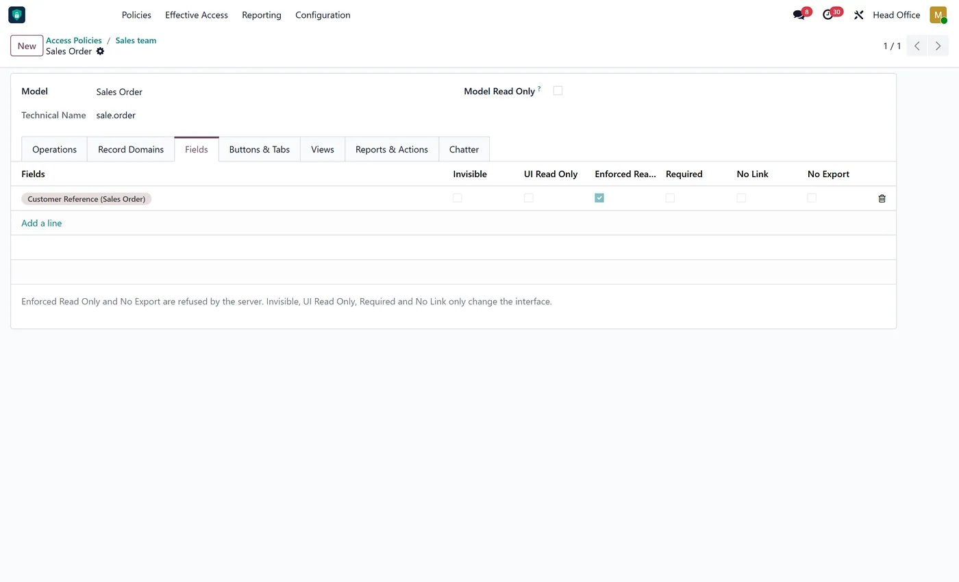 Access Rights Manager Pro for Odoo, model fields