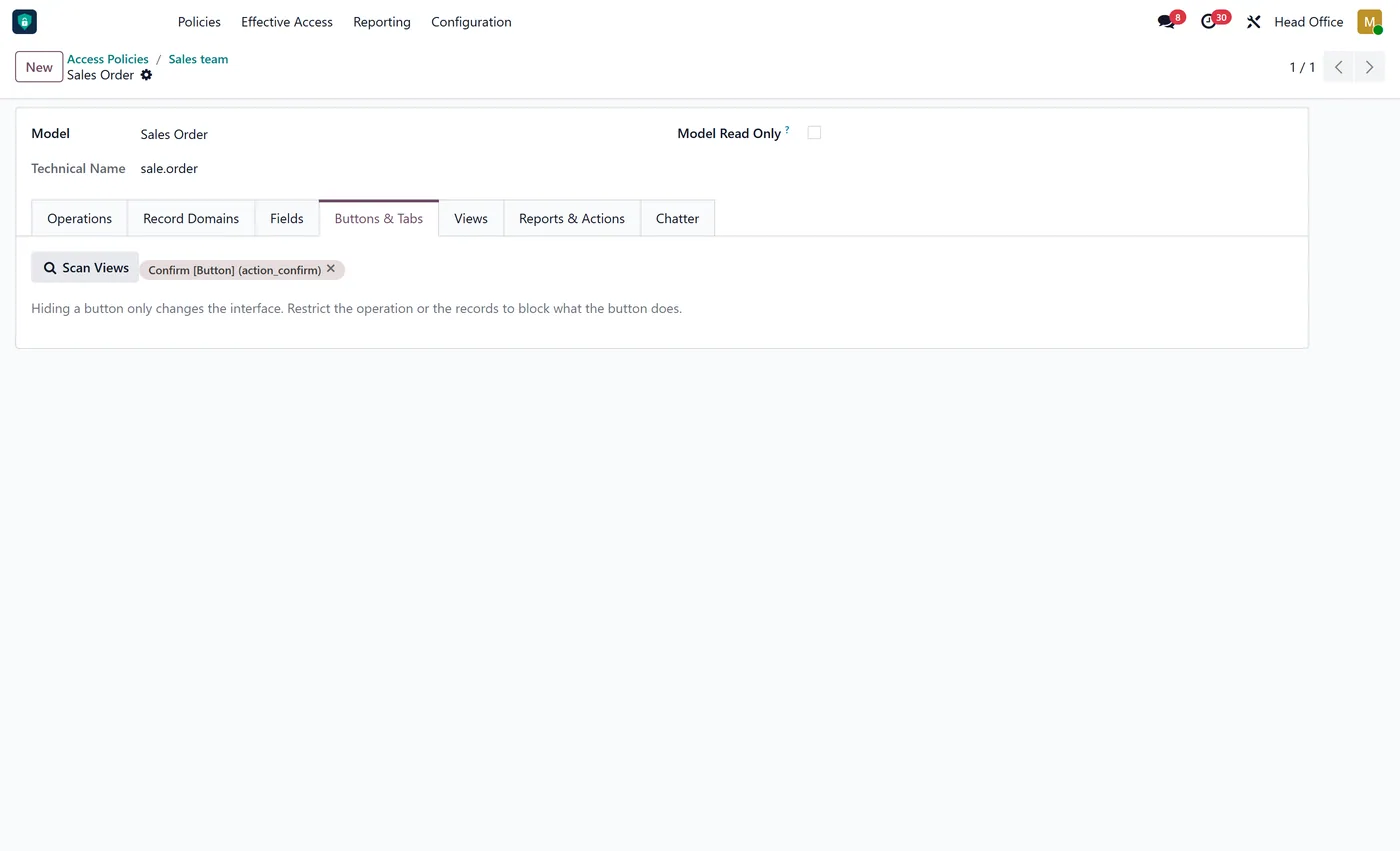 Access Rights Manager Pro for Odoo, model buttons
