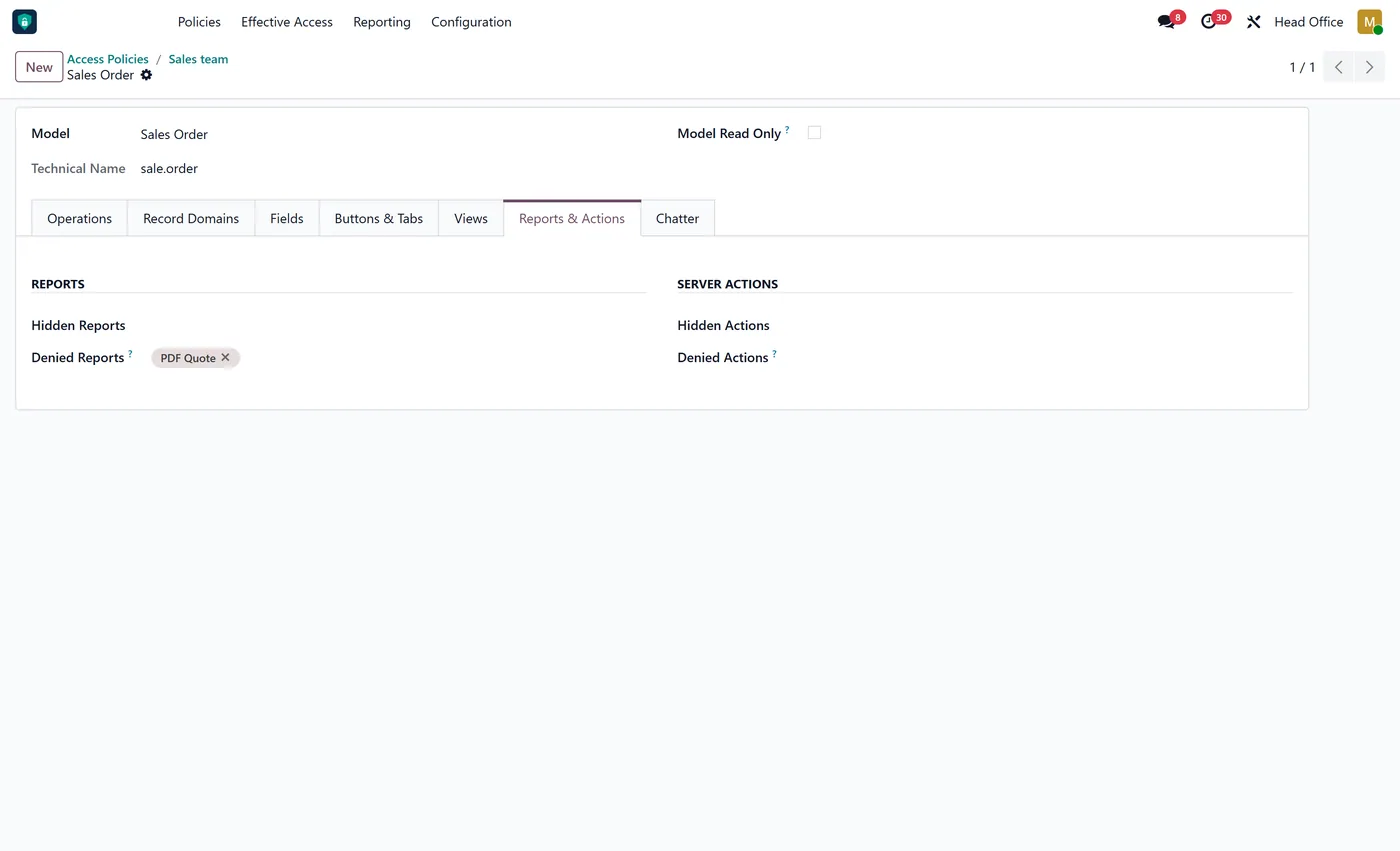 Access Rights Manager Pro for Odoo, model reports chatter