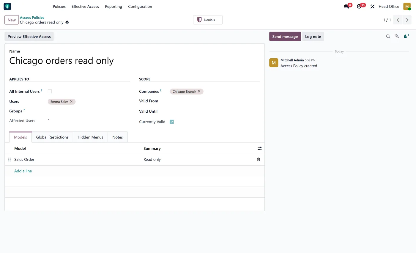 Access Rights Manager Pro for Odoo, company scope