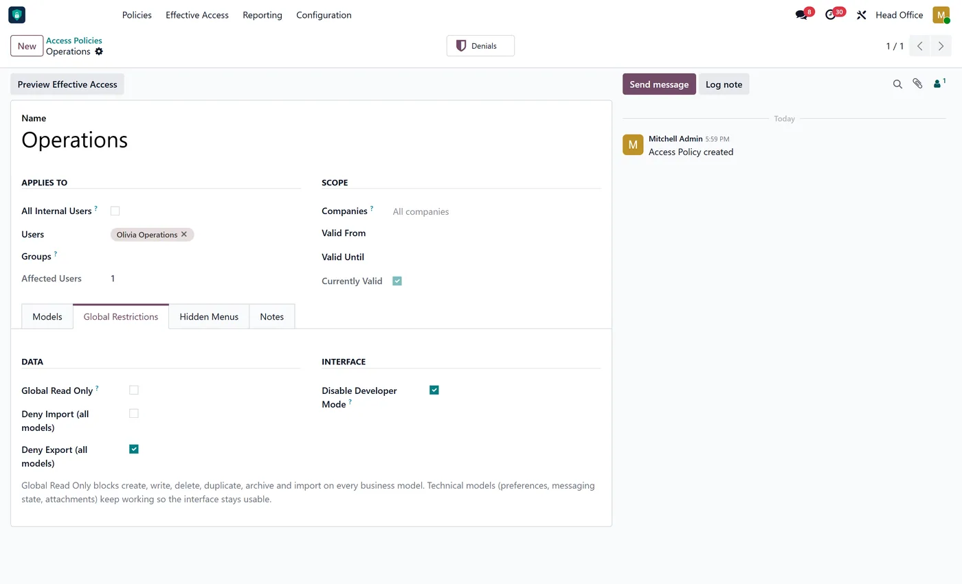 Access Rights Manager Pro for Odoo, global restrictions