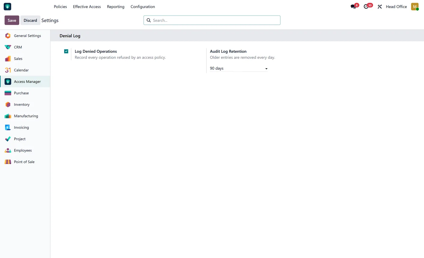 Access Rights Manager Pro for Odoo, settings