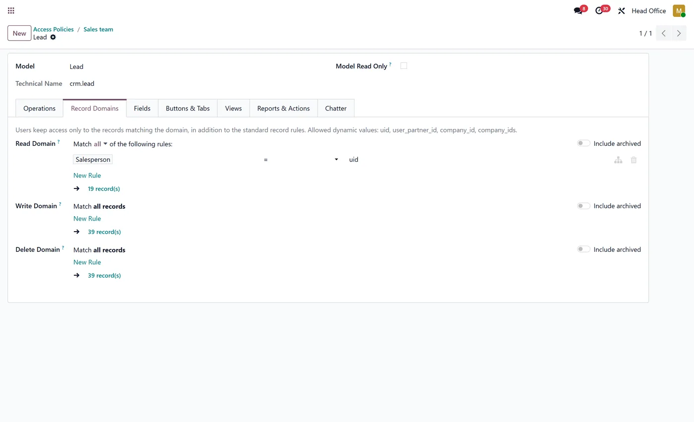 Access Rights Manager Pro for Odoo, record domains