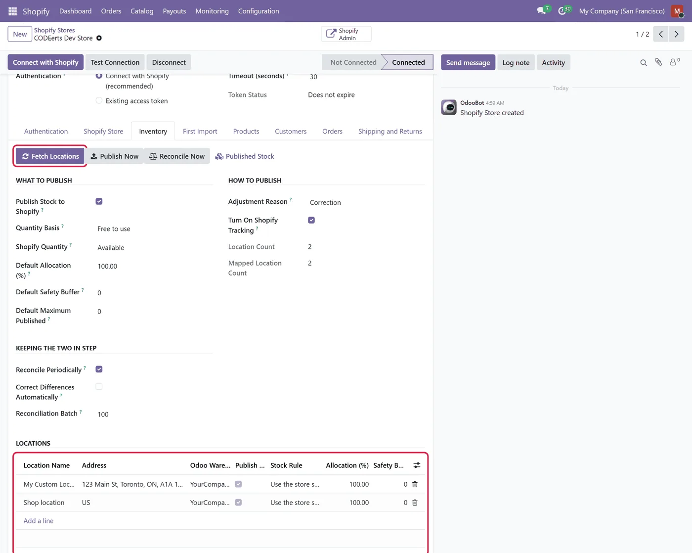 Shopify Connector for Odoo, inventory
