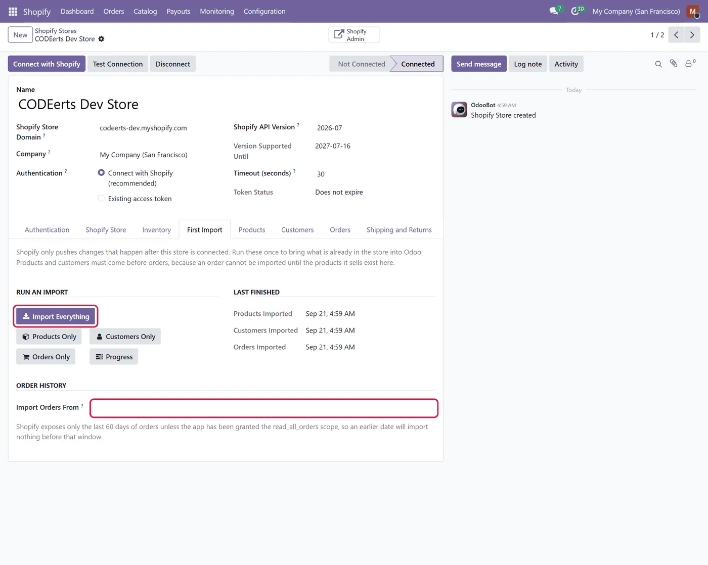 Shopify Connector for Odoo, first import