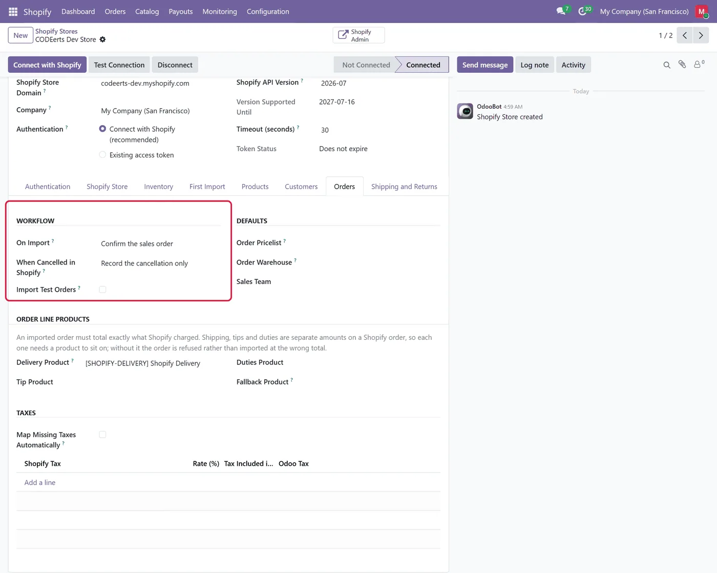 Shopify Connector for Odoo, orders