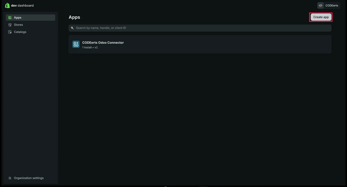 Shopify Connector for Odoo, dev dashboard