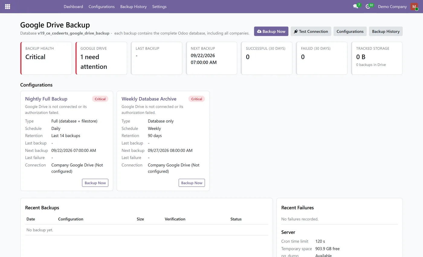 Google Drive Backup for Odoo, google drive backup dashboard