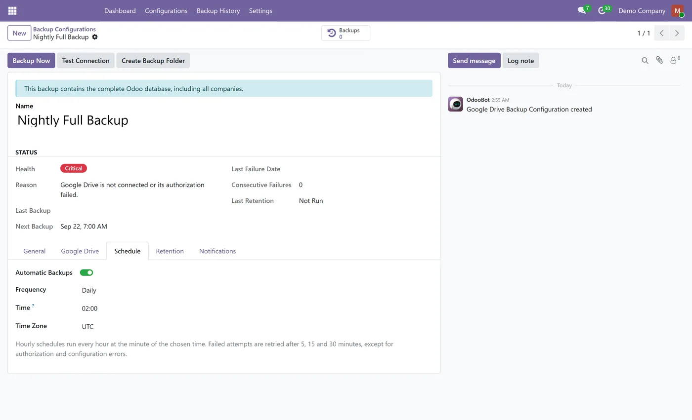 Google Drive Backup for Odoo, backup schedule