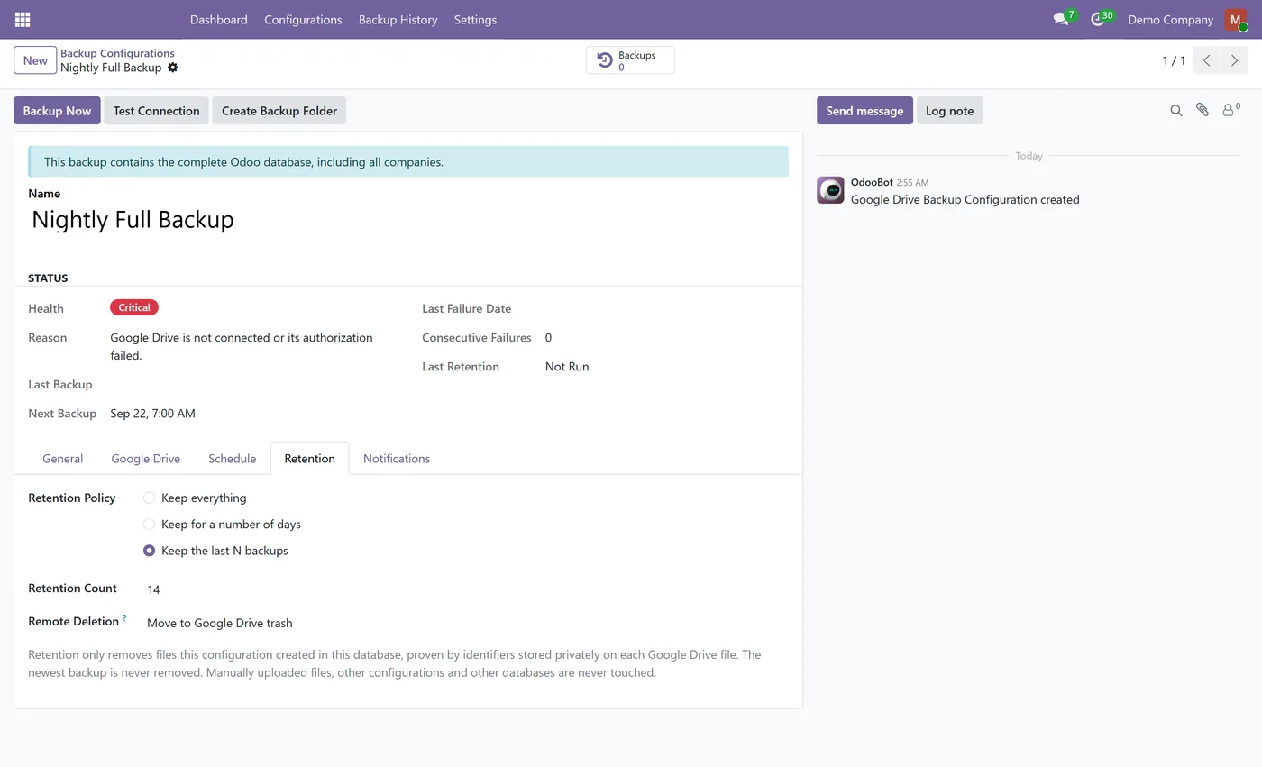 Google Drive Backup for Odoo, backup retention