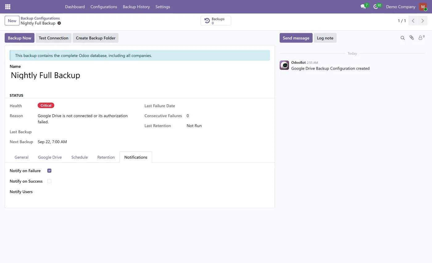 Google Drive Backup for Odoo, backup notifications
