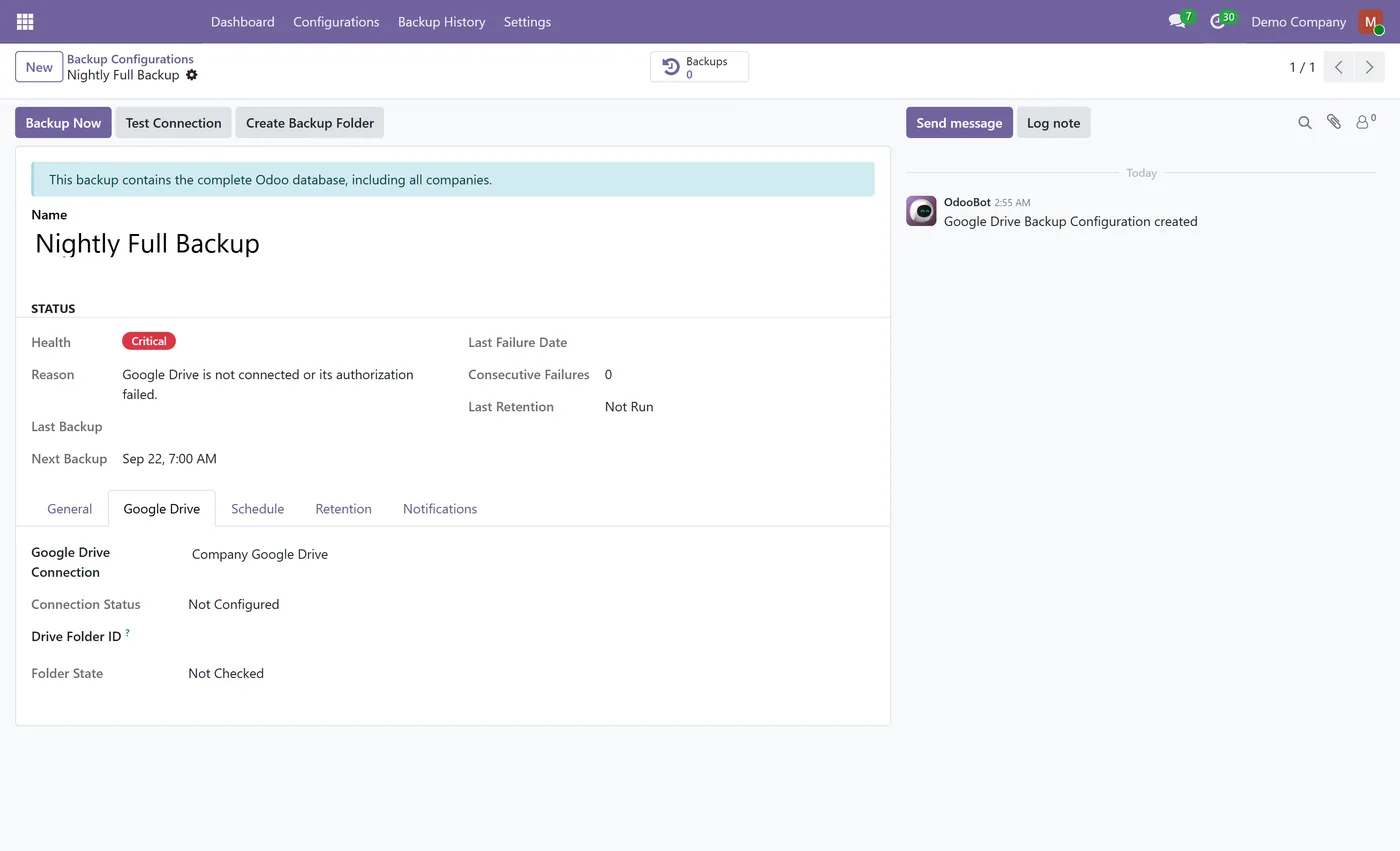 Google Drive Backup for Odoo, google drive folder