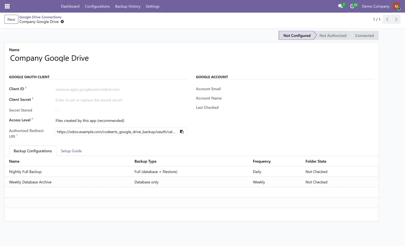 Google Drive Backup for Odoo, google oauth connection