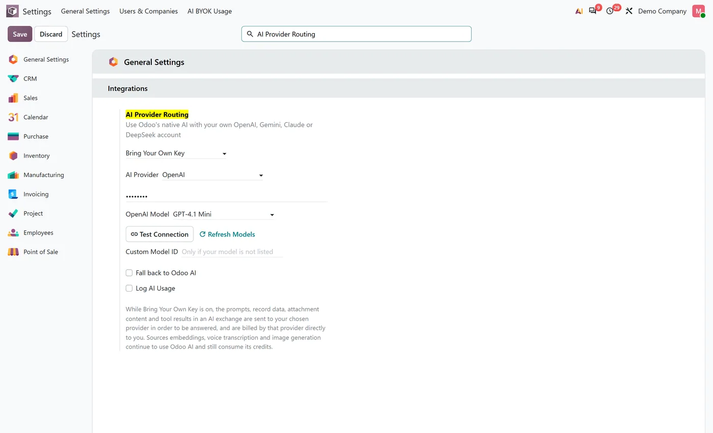AI BYOK for Odoo 20 for Odoo, odoo managed default