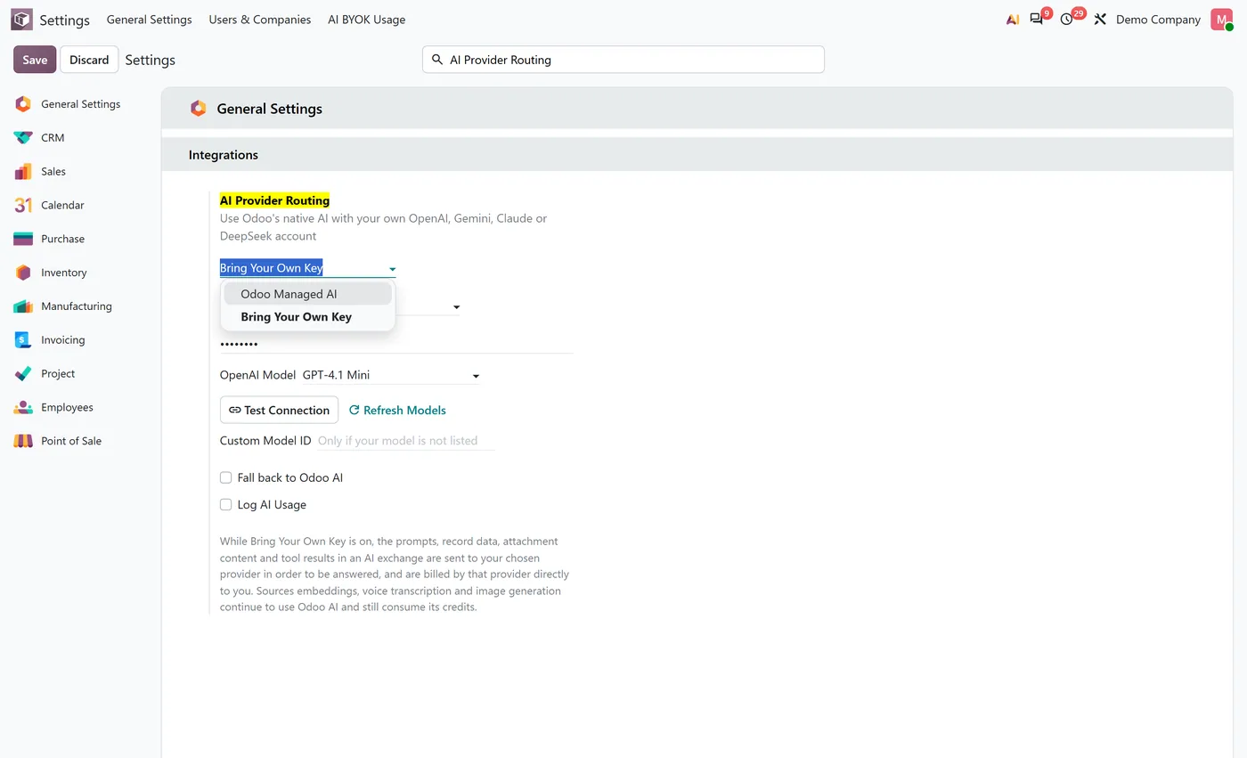AI BYOK for Odoo 20 for Odoo, routing modes