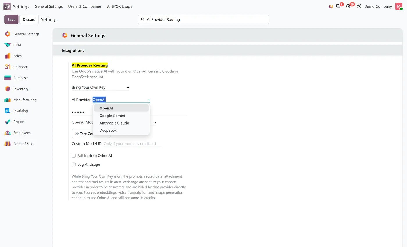 AI BYOK for Odoo 20 for Odoo, provider choice