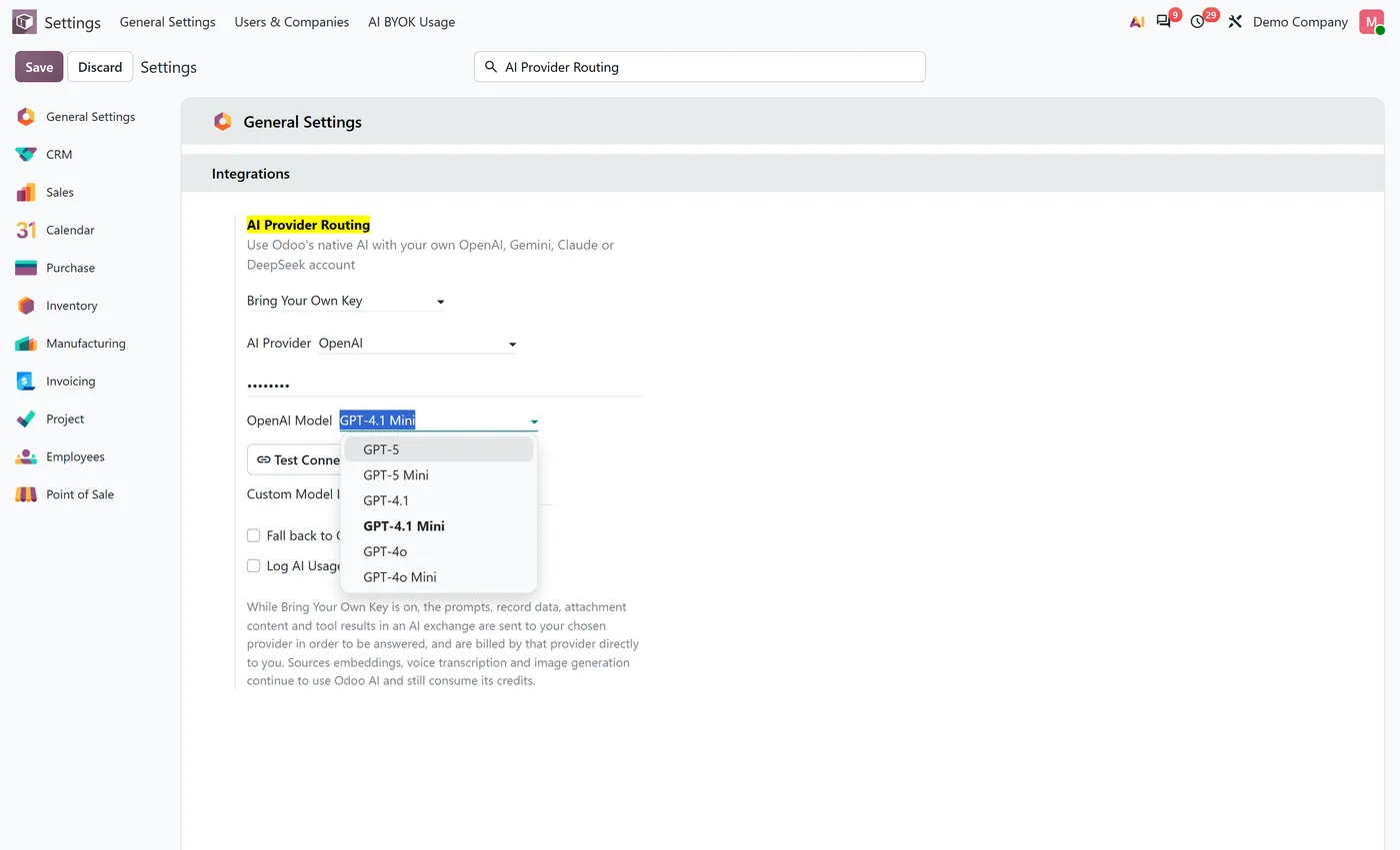 AI BYOK for Odoo 20 for Odoo, openai models