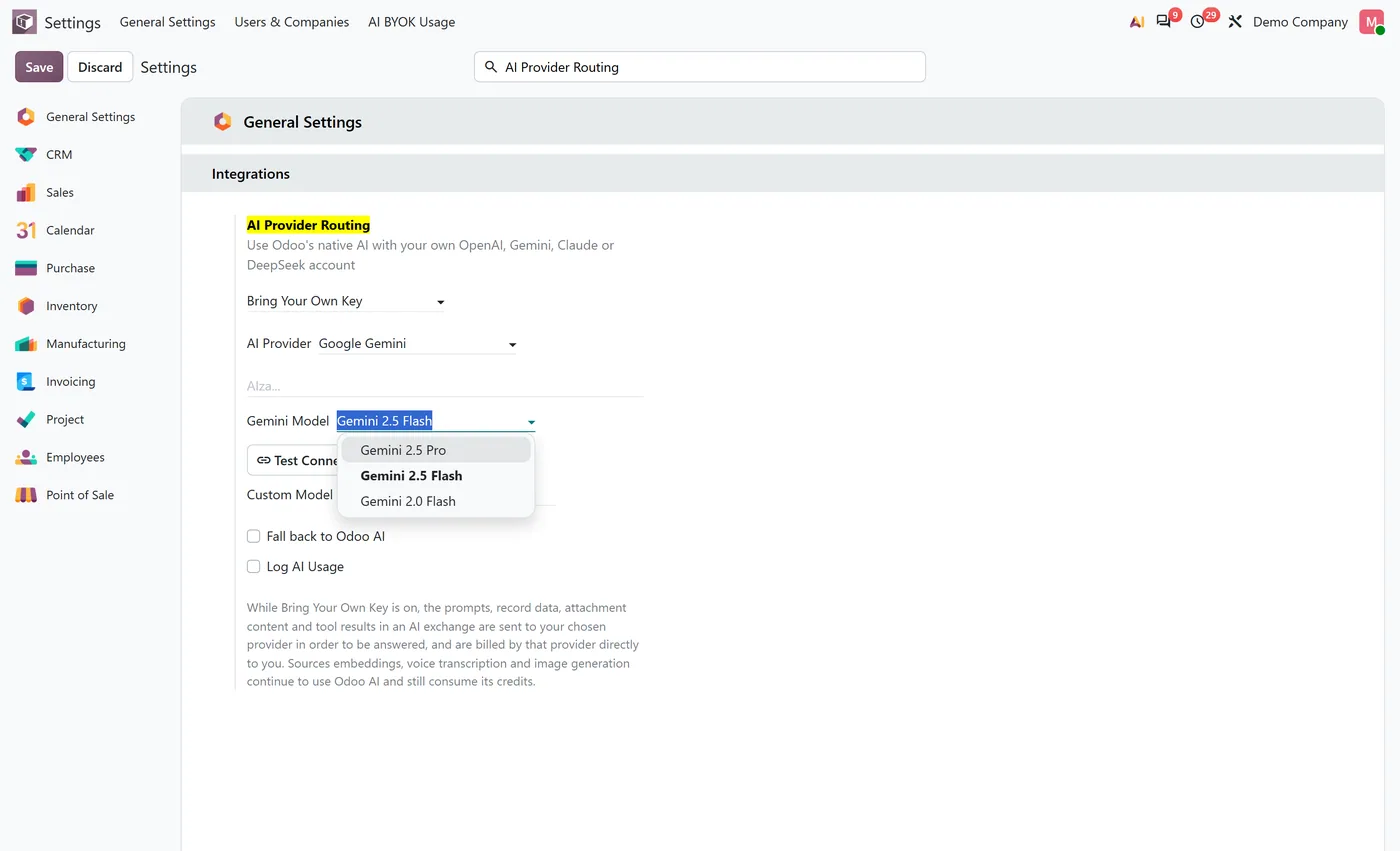 AI BYOK for Odoo 20 for Odoo, gemini models