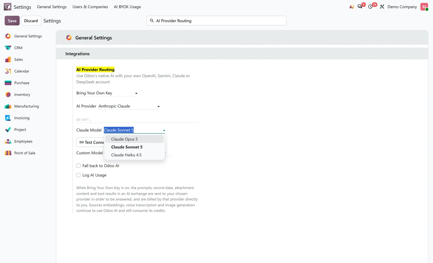 AI BYOK for Odoo 20 for Odoo, claude models