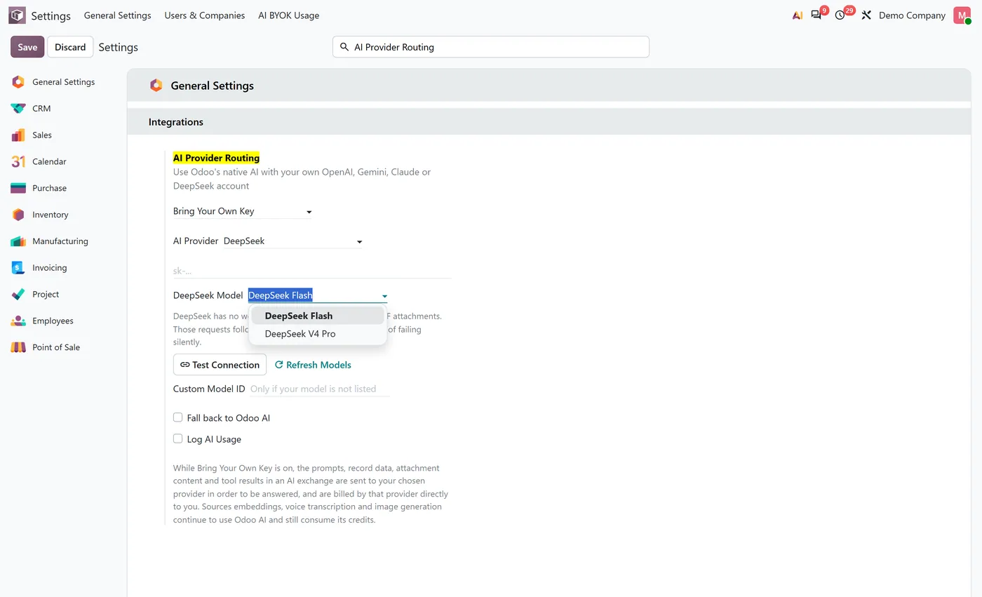 AI BYOK for Odoo 20 for Odoo, deepseek models