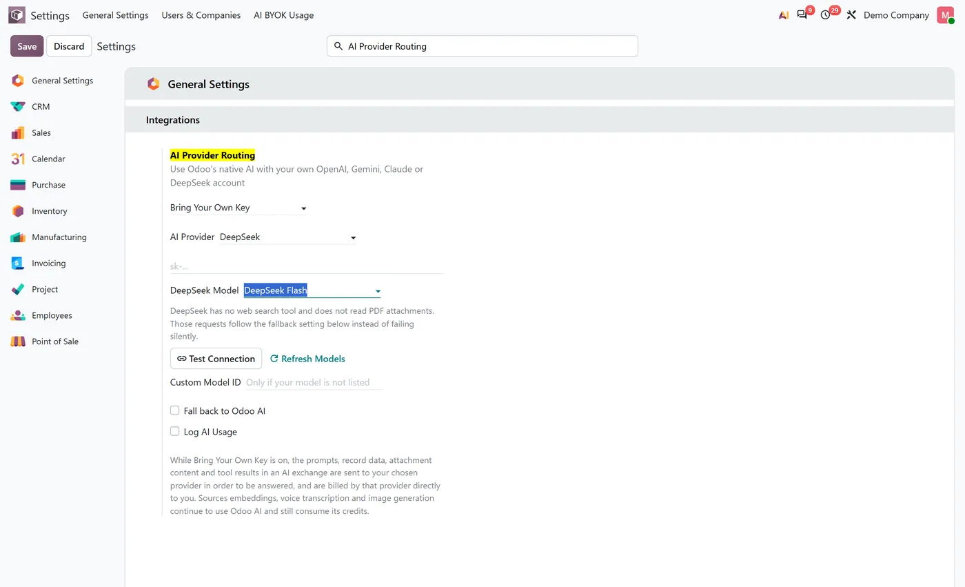 AI BYOK for Odoo 20 for Odoo, fallback configuration