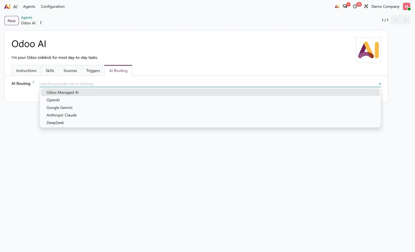 AI BYOK for Odoo 20 for Odoo, per agent routing