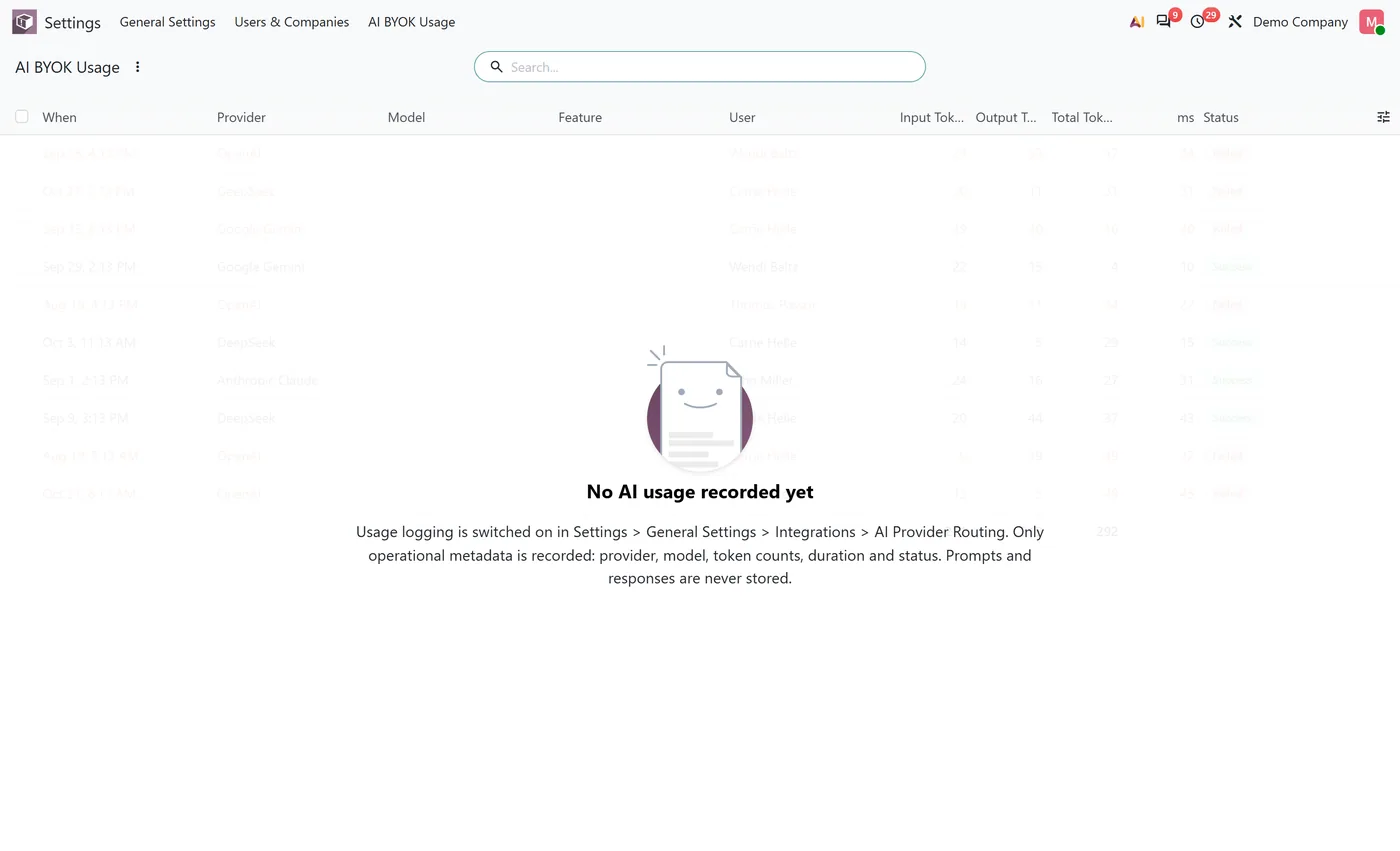 AI BYOK for Odoo 20 for Odoo, usage log