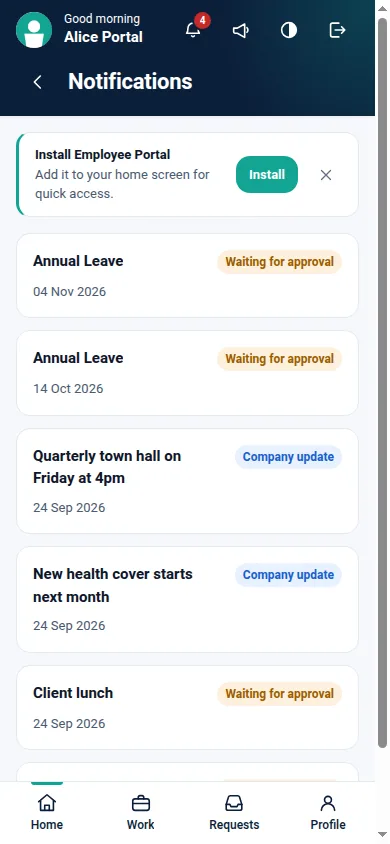 Employee Portal Pro for Odoo, notifications