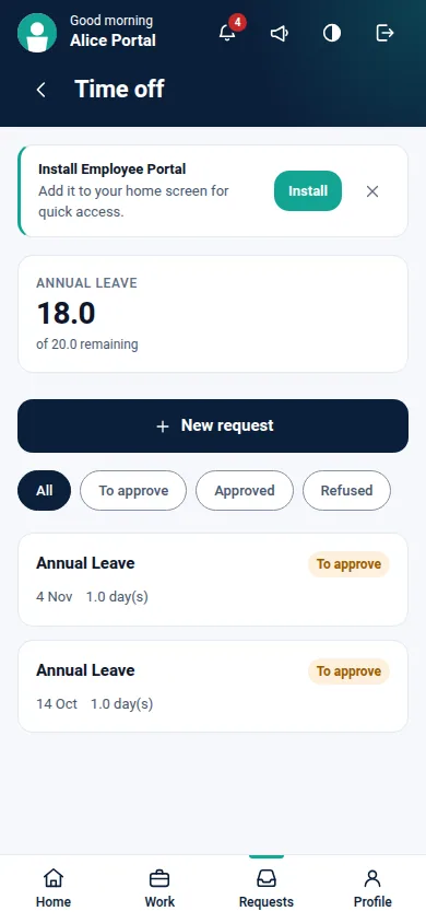 Employee Portal Pro for Odoo, time off
