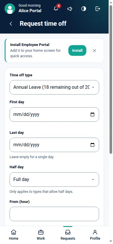 Employee Portal Pro for Odoo, time off new
