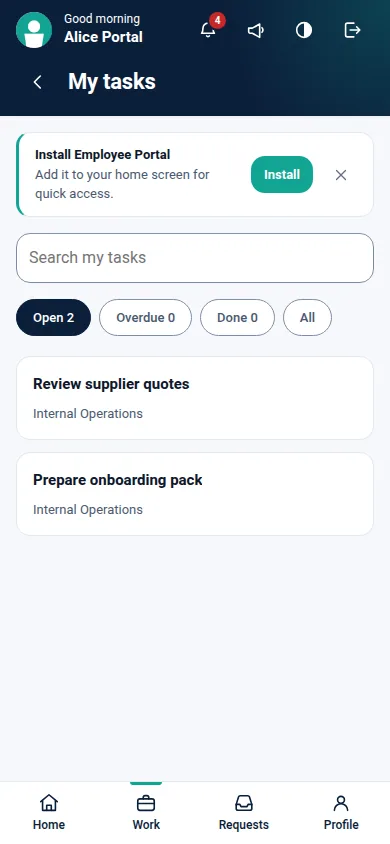 Employee Portal Pro for Odoo, tasks